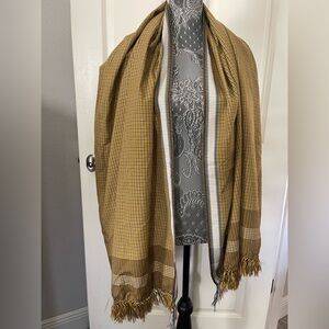 Indonesia Bahasuan Gold Yellow Plaid Fringed Scarf Wrap Shawl Traditional Ethnic